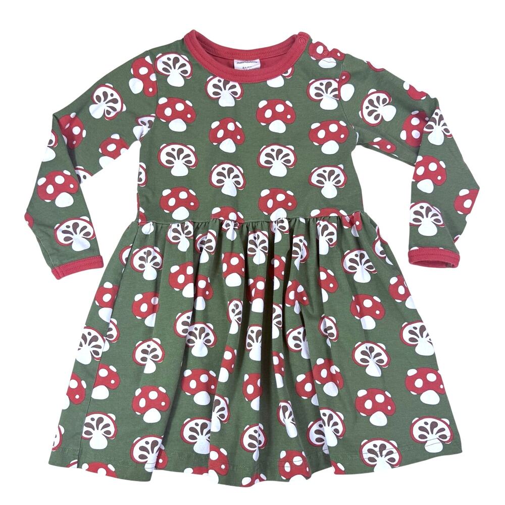 maxomorra Girls Mushroom Print Long Sleeve Dress in Green Size 18-24 months